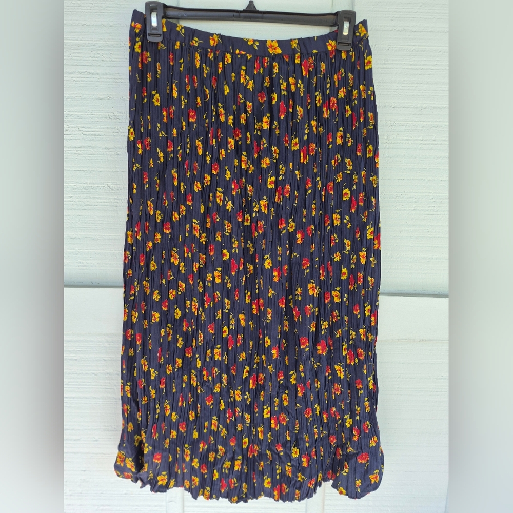 SILK Jones New York Dark Blue Floral Pleated Maxi Skirt 14 Fairycore Hippie Boho - Picture 3 of 4